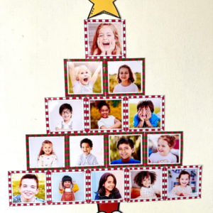 Mural de fotos em formato de árvore de Natal