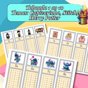 Tabuada do 1 ao 10 temas capivarinha, Stitch, Harry Potter para impressão