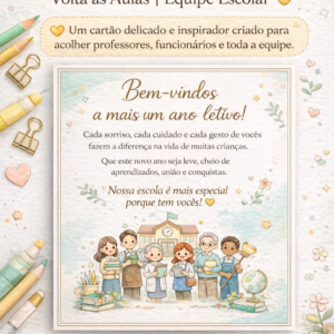 Cartão de Boas-Vindas – Volta às Aulas | Equipe Escolar para impressão