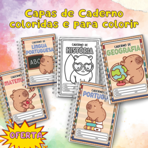 Capas de caderno tema capivarinha diversas disciplinas coloridas e para colorir para impressão