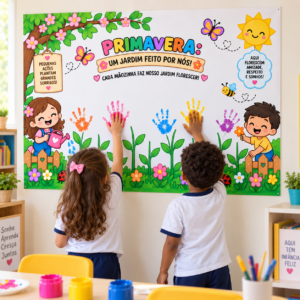Painel Colaborativo Primavera- mãos de tinta para impressão